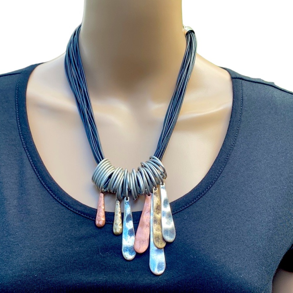 Handmade Recycled Gunmetal Gold Silver Copper Fringe Necklace